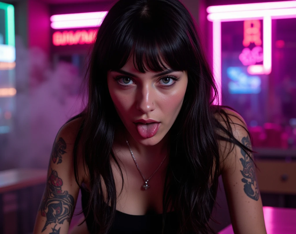 1woman,no pantys, standing alone, sitting down, sexly, (long and dark hair), pale skin, goth makeup, black lipstick, thick eyeliners, lying on the sofa, legs spread open, livingroom, detailed backgrounds, hinterland, hires, (in dark, deep shadow,inconspicuous:1.1), diffused natural skin glow, diffuse dark light, wide wide shot, Tattooed gothic girl with a pink vibrator inside her wet pussy, wetting her own legs with fluids and wetting the sheet on her face, she has a marijuana joint between her fingers while with her right hand she touches her own clitoris. Naked goth girl, wearing a leather jacket and spikes and punk style chains, she has a large television and is watching lesbian porn, in front of her there is a cell phone on a tripod filming the girl with blue hair, beautiful and naked breasts, open pussy , vaginal fluid, excited face, orgasm, piercing in the clitoris, in the nipples and her face, she drinks a baby bottle full of semen while holding a revolver aimed at her own head, show boobs, naked boobs, show pussy, open legs, piss, smooking, show pussy