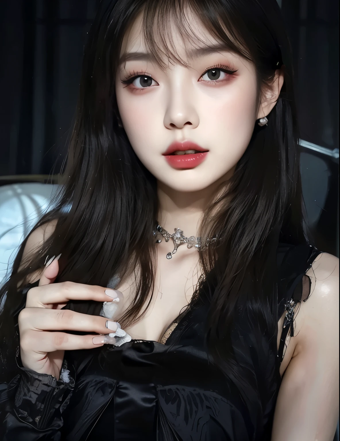 a close up of a woman with long hair and a black dress, cruel korean goth girl, ulzzang, pale gothic beauty, with long hair and penetrating eyes, 1 Goth Anime Girl, pale porcelain white skin, Bela Delfina, goth girl aesthetic, maquiagem sul-Korean popular, pale milky white porcelain skin, Korean, blackpink Jennie, Jennie