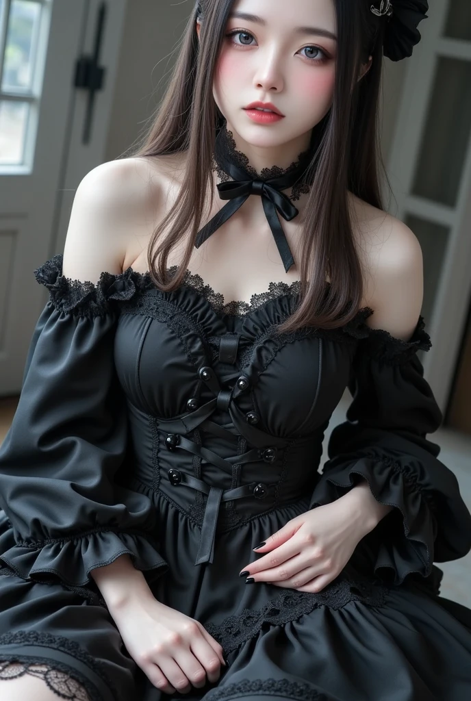 8K, masutepiece, Best Quality, Raw photo, Photorealistic, Highly detailed CG Unity 8k wallpaper, depth of fields, Professional Lighting, in the darkness nigth, Ray tracing, (Extremely beautiful face, Beautiful lips, Beautiful eyes), intricate detail face, ((Ultra detailed skin)) 1girl in, In the Dark, deepshadow, Pretty Korean girl, ((Looking at Viewer)), (seducting smile), (Blurry background), (large boob:1.5), earrings, Bracelets, Necklace, Clear eyes, Luxurious room, Front shot, (pale skin), Face forward, (Big eyes), ((upperbody shot)), (camel's toe), Short Bob Hair, ((Very Decorative Mechanical Steel Lolita Fashion,Lace Flare Mini Skirt,Lace stockings above the knee,Lace-off shoulder,Gothic Lolita: Overly decorative fashion)), (Create ultra-detailed and realistic images),