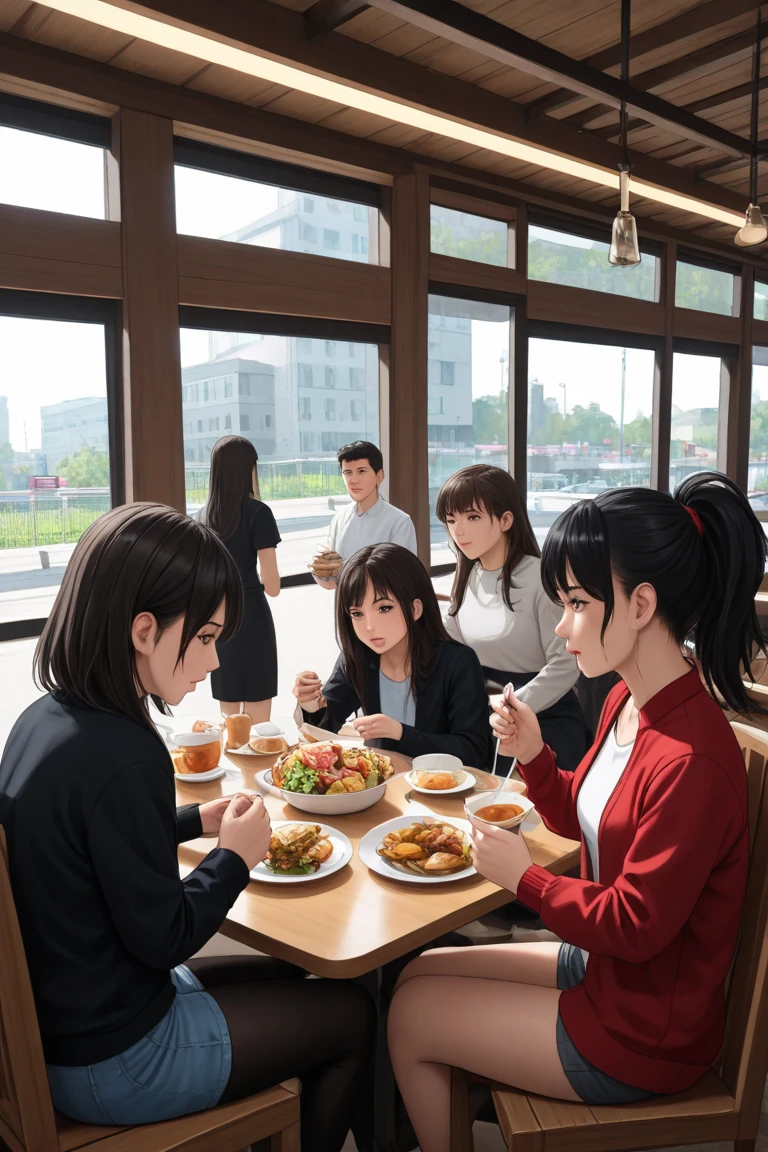The best picture quality, in the restaurant, a group of people sit around the table, looking at the camera, facial details,