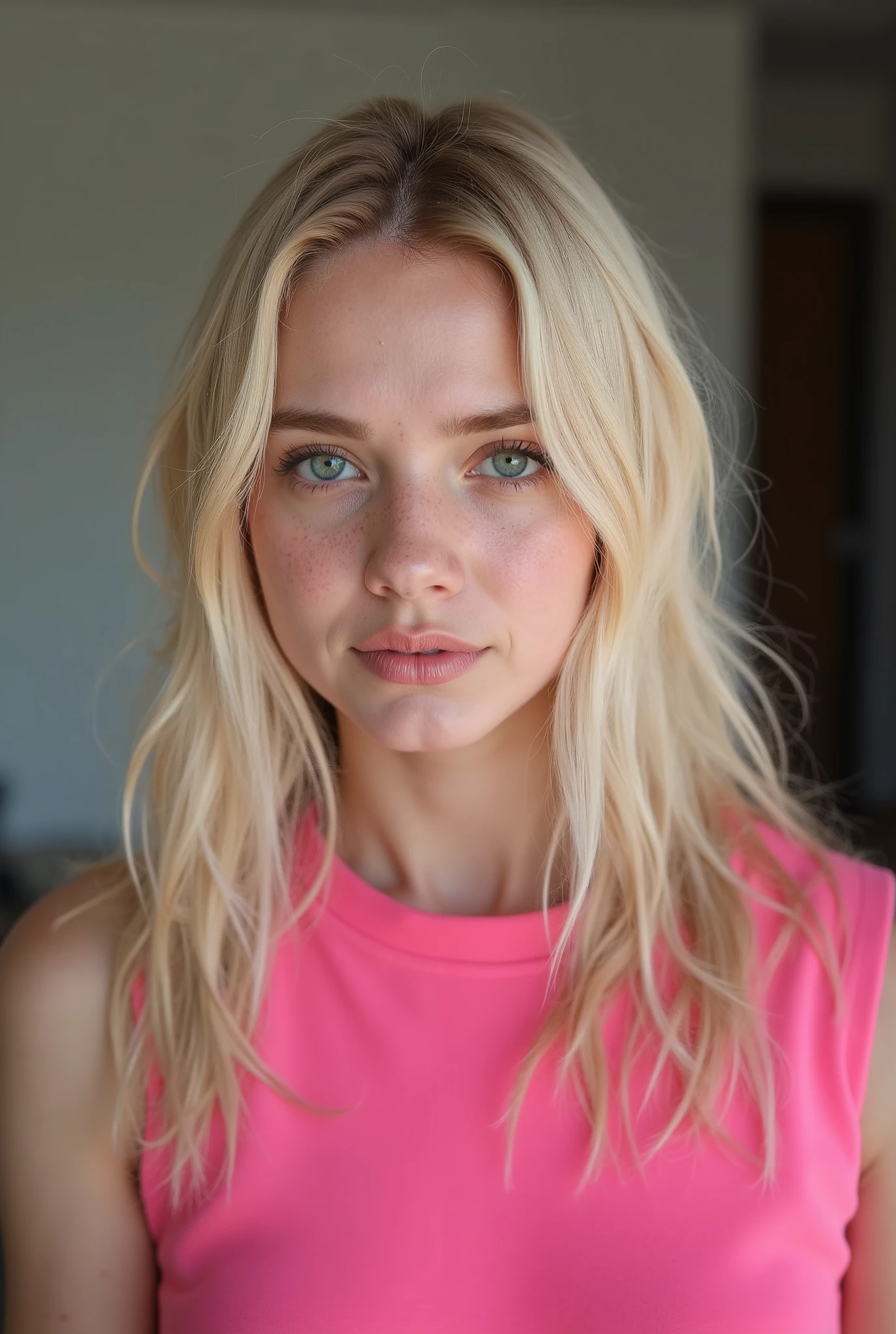 Photo portrait of a young woman with blond dyed straight hair. She is standing in the room.. She is wearing a pink top.. . is . .. photo from above. profile picture. Portrait foto. selfie.