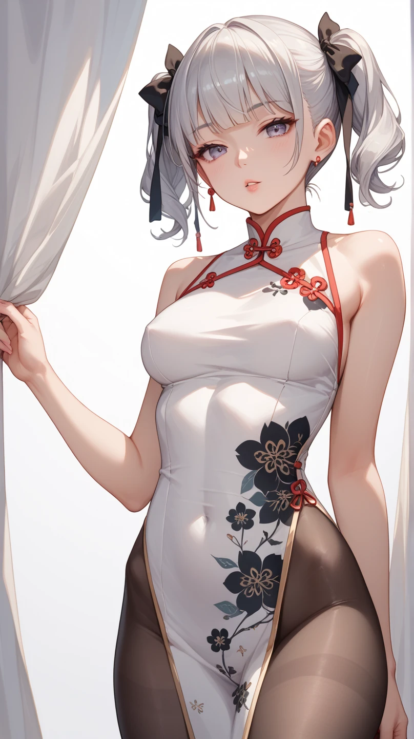 gentle and charming Chinese beautiful woman, half-body photo, delicate and sexy collarbones, Charming goose egg face, 二重まぶた, Vivid peach blossom eyes, redish pink lips, small-nose, exposed bare shoulders, Focused face, closeup of face, hyper HD, super detailing, elegant standing pose, Ultra-thin translucent wet yarn