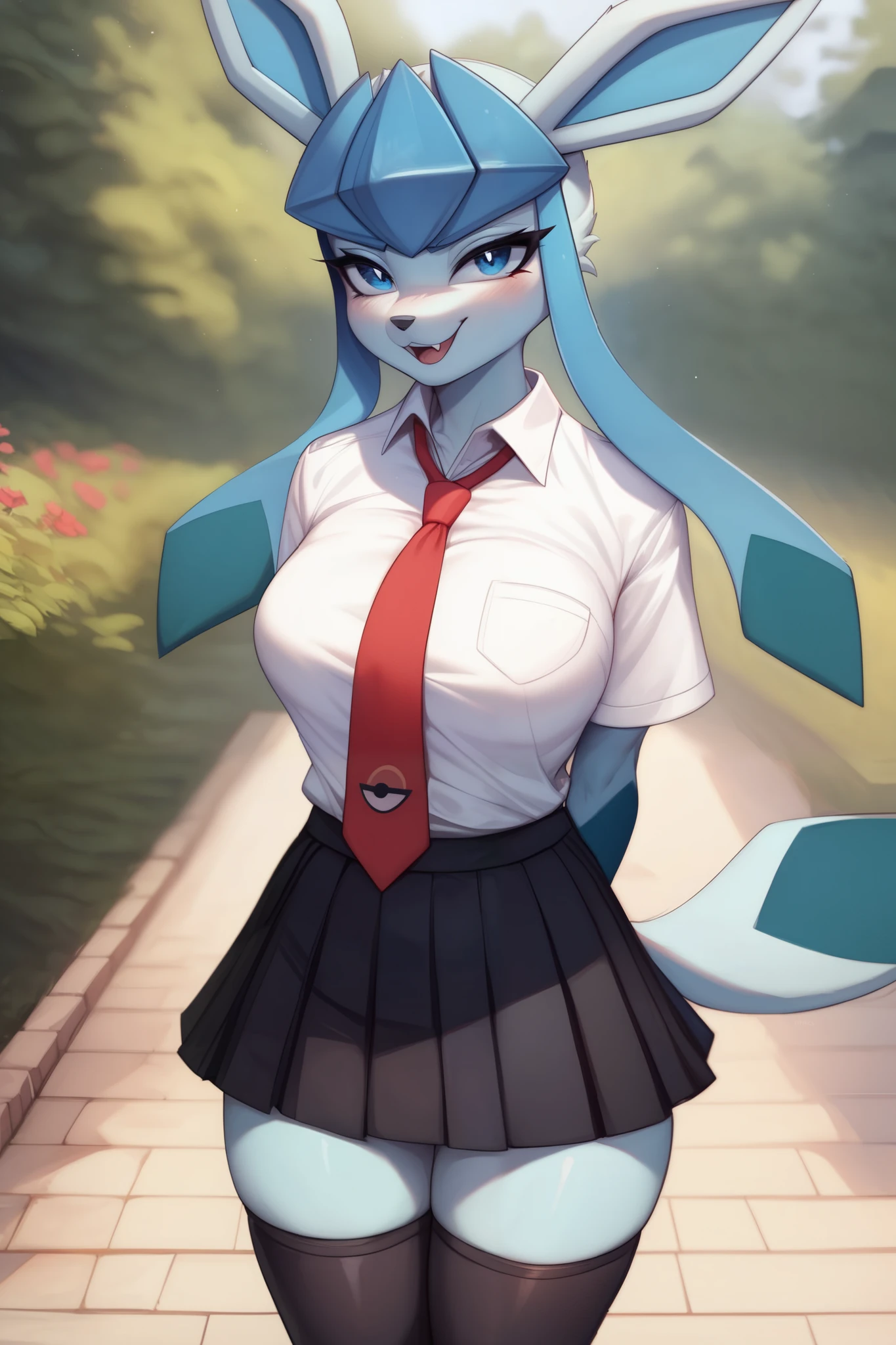 score_9, score_8_up, score_7_up, score_6_up, high quality, intricate details, high resolution, sharp focus, Expressive, solo, WhisperingVeil Style, better face, better eyes,
1girl, Glaceon (pokemon), anthro, school uniform, white shirt, red tie, black skirt, black thigh highs, black contours, furry art, commission for high res, blue eyes, stading straight, arms behind back, standing,