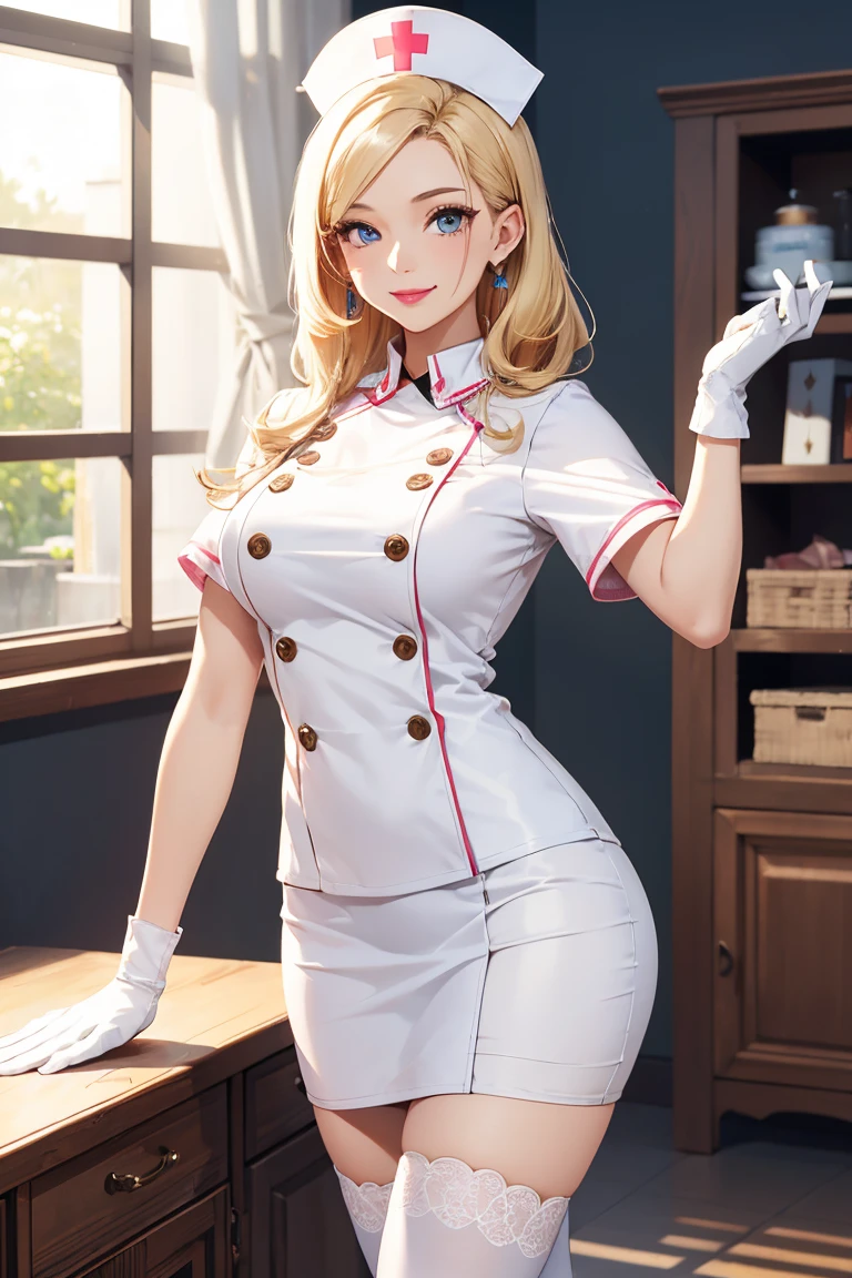 1womanl, Nurse, Nurse Cap, Whiteware, ((White legwear, zettai ryouiki)), White Gloves, Blonde hair, Blue eyes, pink lipsticks, Smile, Standing, sharp outline, Short sleeves, a matural female, 25 year old, Best Quality, masutepiece, infirmary, skinny, flat chest, thigh gap