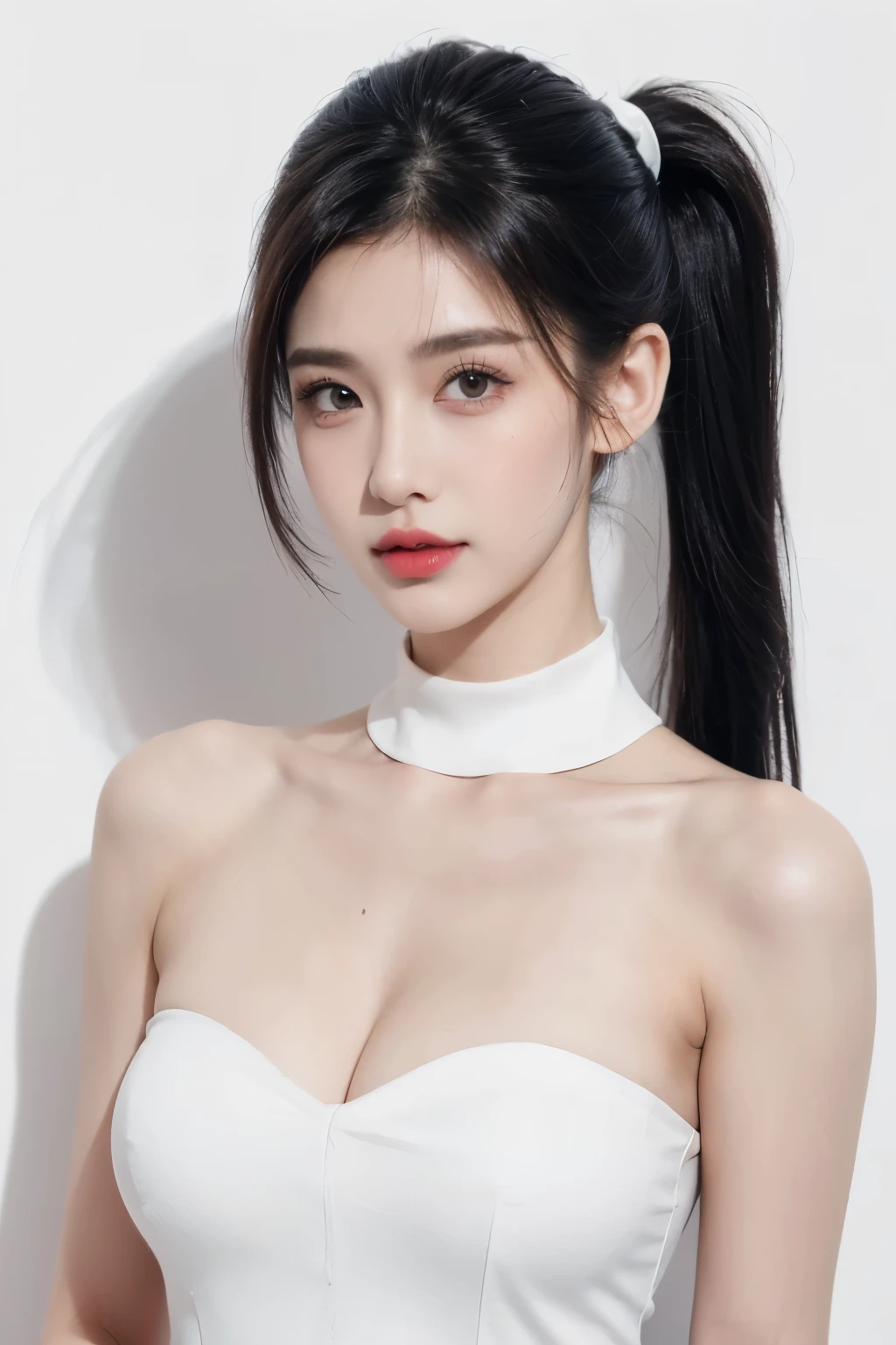 slender woman, red glossy lips, (Extremely detailed beautiful face), (The sexiest look), (Black collared shirt:0.5), (best quality), (Super detailed), (Extremely detailed CG unified 8k wallpaper),original photo, Professional photography, (standing), (pure white background:1.5),(Long black ponytail hair:1.2),Show forehead,(cleavage),,(big eyes),(breast),(Eye-Level Shot:1.0)(Frontal fill light),(Frontal light source),(Soft light source)