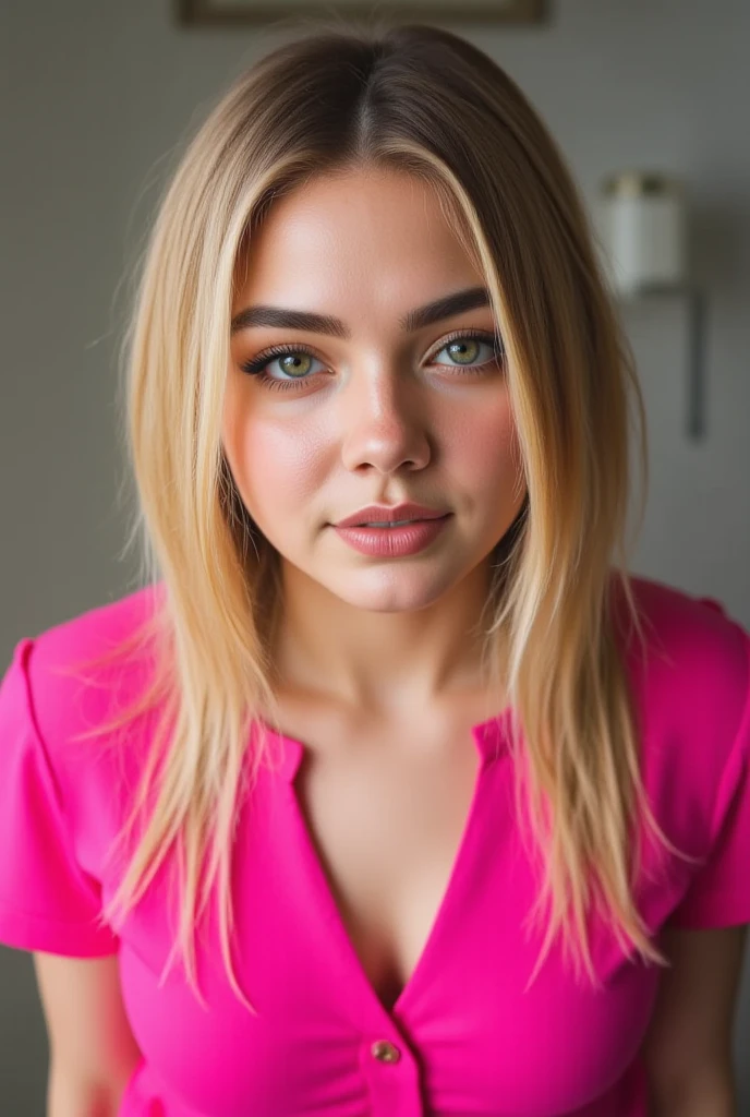 blonde woman ,chubby,wearing light pink clothes with white