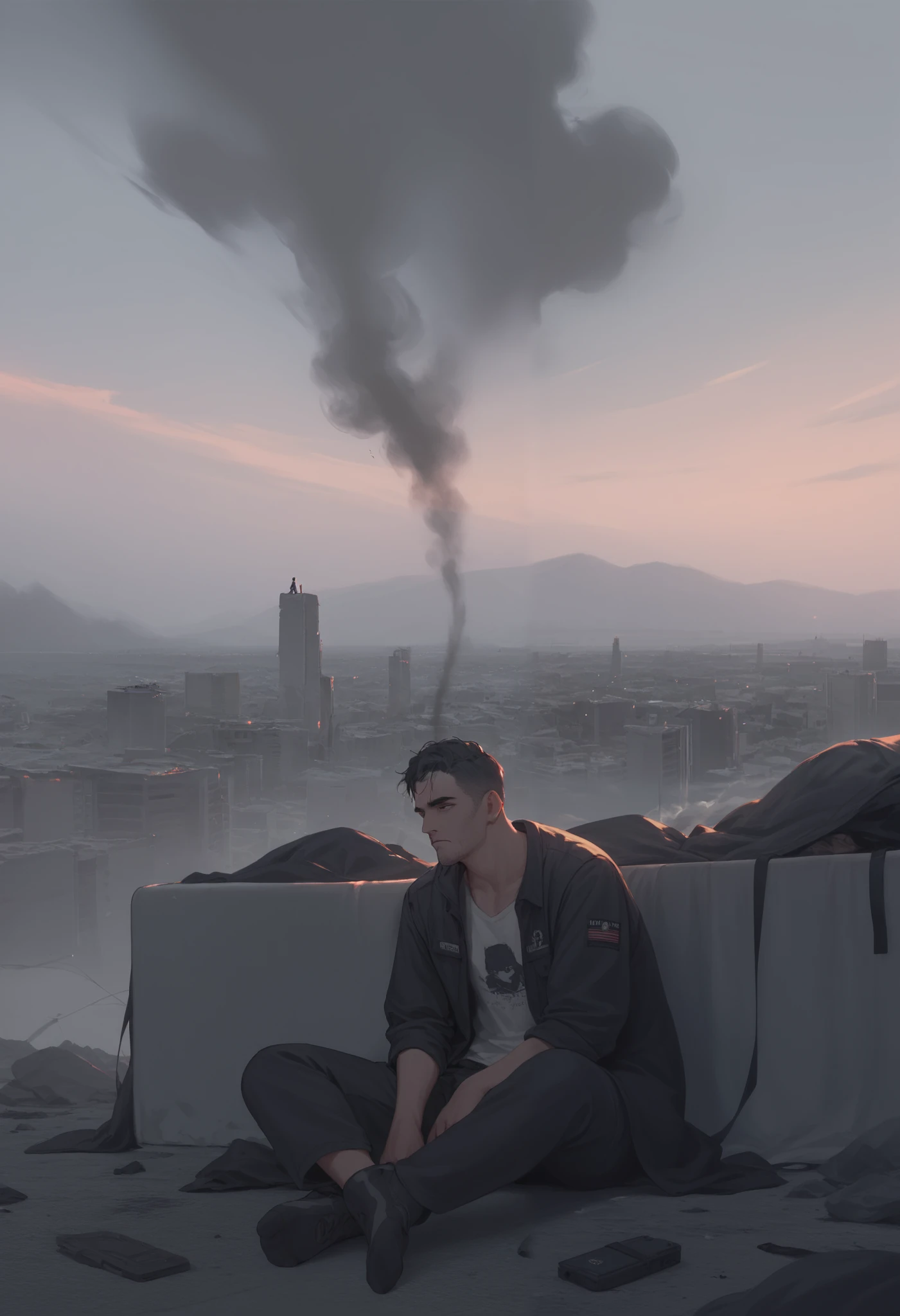 Futuristic Battlefield 1 tired man in his 30s Black smoke everywhere is sitting on the rubble dim sky in bed looking up at the sky