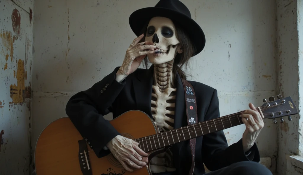 masterpiece, best quality,8k,highestres, absurdres, extremely detailed, brook\(one piece\), afro hair, solo, looking at viewer, an extremely tall skeleton dressed in formal attire complete with top hat and guitar, ((skeleton hands and body)),///,