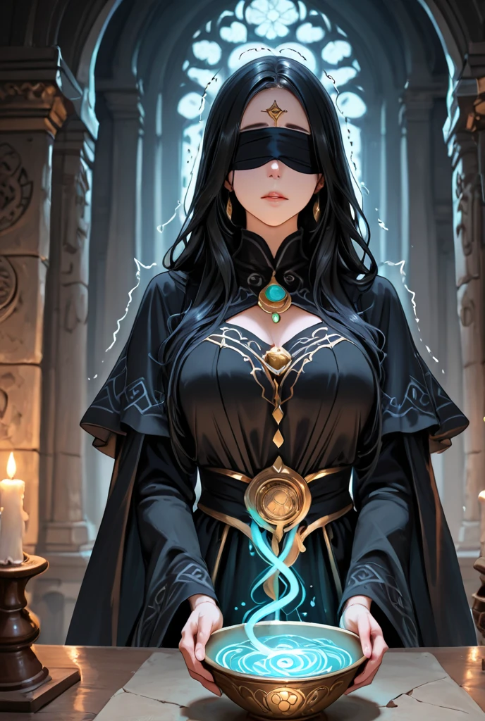 mature woman, dark sorceress, black cloak, green hood, black hair, green eyes, magic, fantasy, medieval, dungeon, night, glow