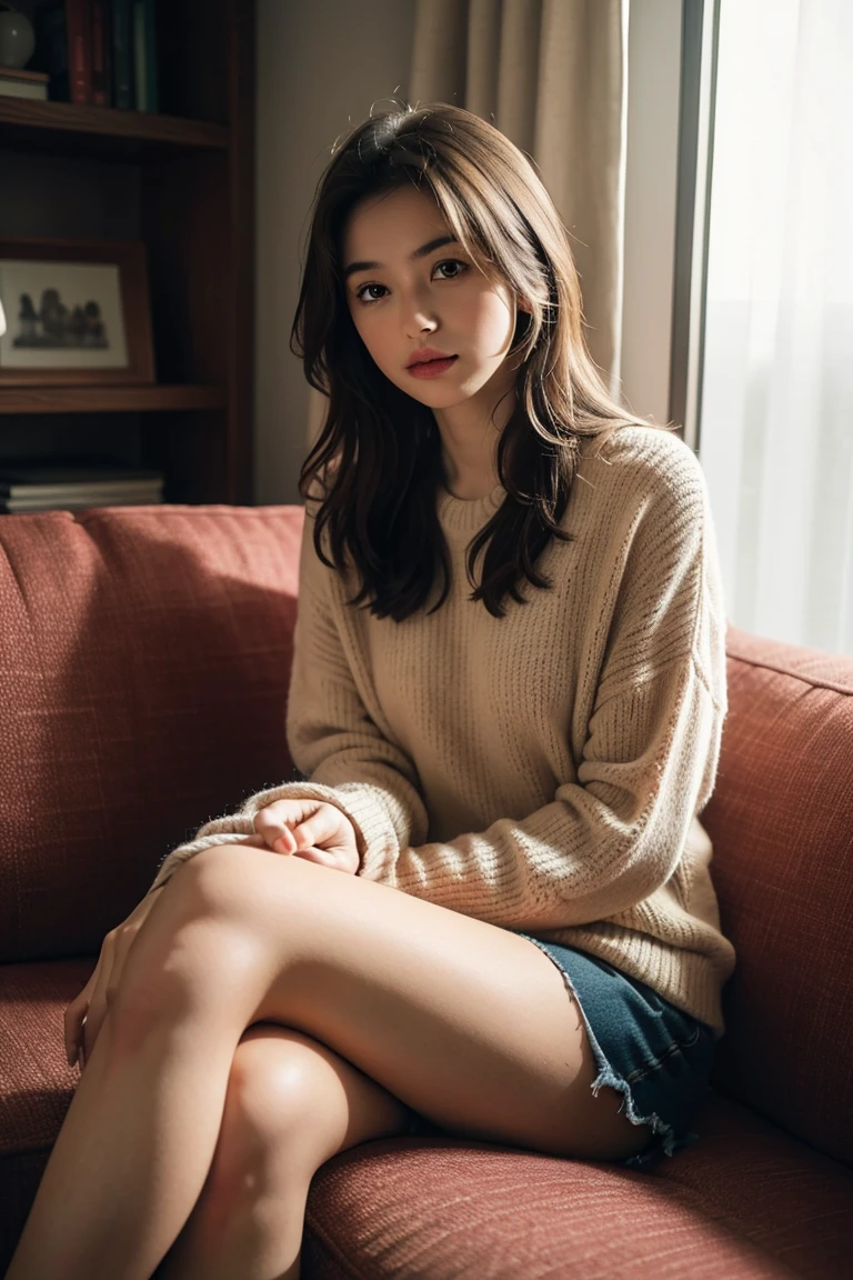 1girl,sitting on a cozy couch,crossing legs,soft light