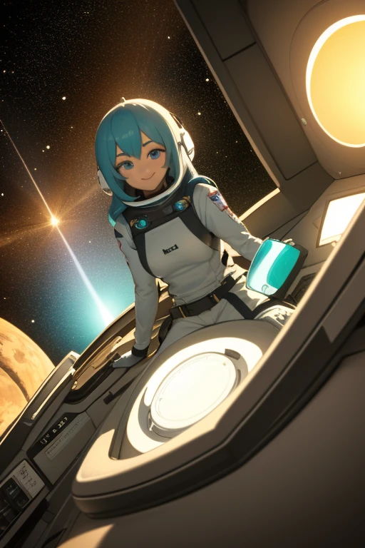 (masterpiece, top quality, best quality, extreme detailed, highest detailed, official art, beautiful and aesthetic:1.2), colorful,  cowboy shot, beautiful face, solo, perfect body, beautiful eyes, 1girl, in space, spacecraft, spacesuit, indoors, (wires and cables:1.1), (science fiction:1.2), porthole, (space in illuminator:1.1), stars
