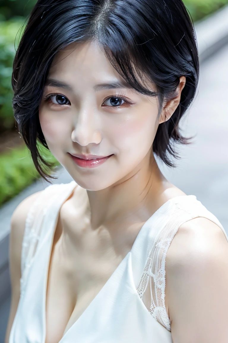 masutepiece, Best Quality, Photorealsitic, finely detail, hight resolution,beautiful japanese woman,beautiful detailed eyes, beautiful detailed lips, extremely detailed face, small head, small areola, cinematic lighting, photorealistic, 8k, high quality, hyper detailed, look at me,smile,(dress shirt),( pencil skirt:1.2),(short hair:1.2),(random outside location),(medium breasts:1.2),(portrait:1.3),slender,beautifull legs,(cleavage:1.3),(sexy posing),mini skirt, (bokeh:1.3) (black pantyhose:1.2),rihoyoshioka