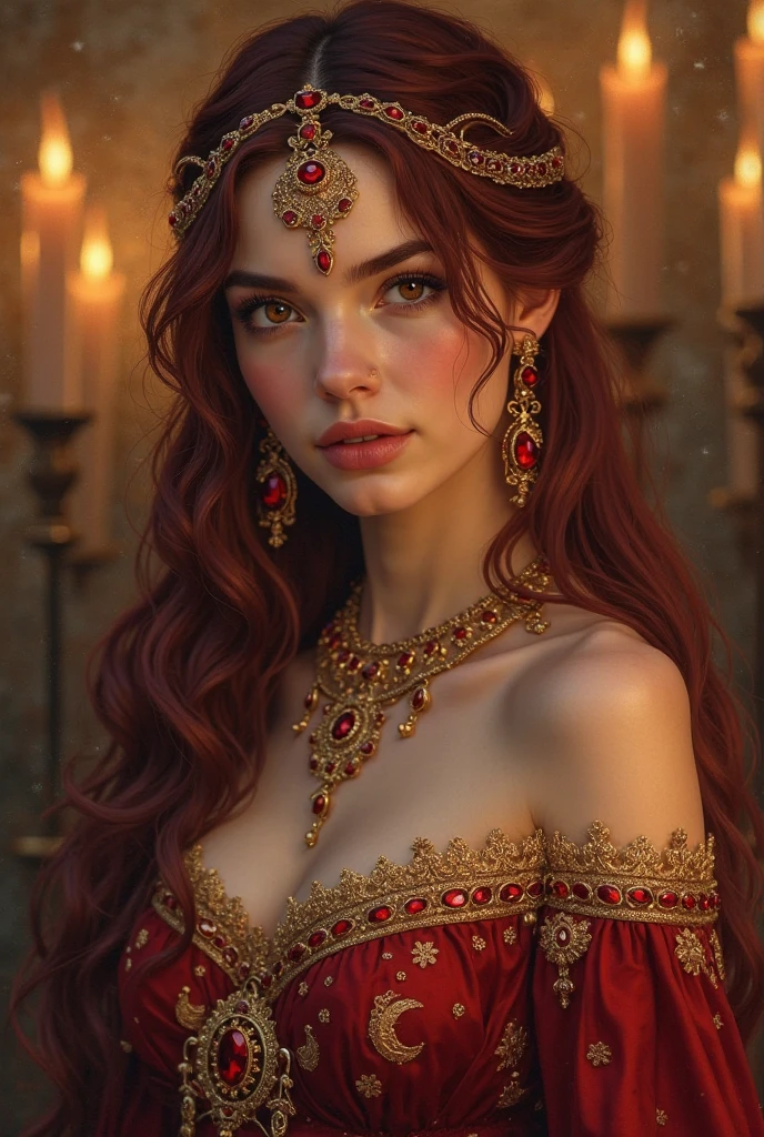 masterpiece, highres, best quality, highly detailed, wallpaper, painterly, brush strokes, pointy ears, yellow eyes, slit pupils, beautiful woman, large breasts, large butt, red dress