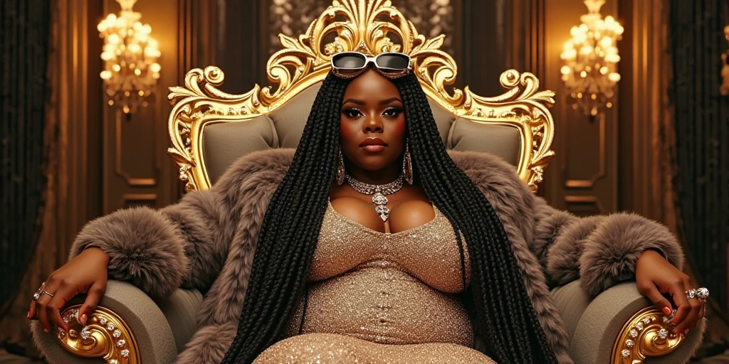 full body shot, masterpiece, highest quality, (realistic:1.4), Blonde mature woman photos, Wearing golden alien skin clothing, Gold Alien Skin Crown, Futuristic throne、(chubby:1.5)