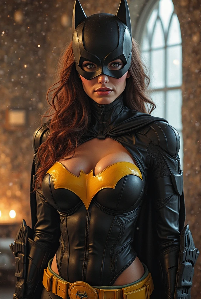 A fat woman is standing, wearing a Batgirl costume that fits her body elegantly. Her red hair is visible under her black costume mask., that partially covers your face. The costume is black with yellow details, including a cape that flows gracefully behind her. The yellow utility belt completes the look, and the costume is designed to confidently highlight your curves. She is in an empowered posture, reflecting a sense of strength and determination while the cape and costume details highlight her superhero look