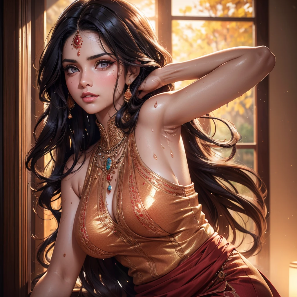 A girl in a in door garden ,beautiful detailed eyes,black hair, black eyes, persian beauty, beautiful detailed lips,extremely detailed eyes and face,longeyelashes,3D rendering,ultra-realistic,highres,(best quality,4k,8k,masterpiece:1.2),portrait, lush greenery, vibrant colors, soft sunlight. Acient persian female dress, big breast, round hips, hair in a long ponytail, perfect eyes, looking on camera