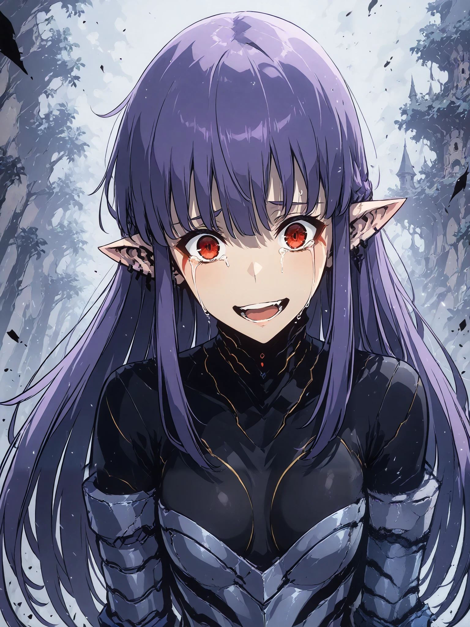 1girl, solo, esil radiru, beautiful, crying heavily, tears of joy, happy, overjoyed, elated, slender body, medium breasts, highly detailed eyes, expressive eyes, natural eye shape, iris with visible details, anatomically correct, super detailed, high details, intricate details, accurate, dynamic angle, dynamic poses, highres, absurdres, (masterpiece:1.5), (best quality:1.2), amazing quality, 4k, demon castle