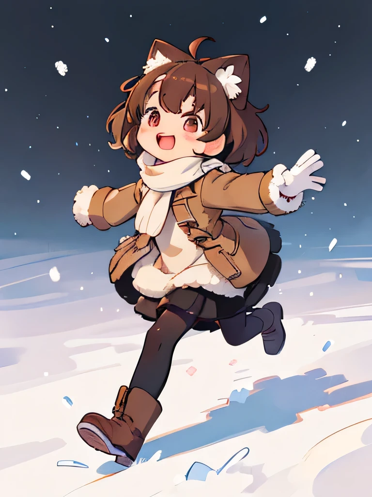 (best quality,4k,8k,highres,masterpiece:1.2), ultra-detailed, (deformed, photorealistic, photo-realistic:1.3), One girl, , kawaii, cute, ren, fluffy brown hair, shining eyes, winking, smiling, mouth open, very cold, blushing nose, white breath, happy, full of energy, fluffy white scarf, fluffy brown coat, black skirt, long black tights, fluffy brown boots, fluffy gloves, waving both hands, running around, winter town, snow piling up.
