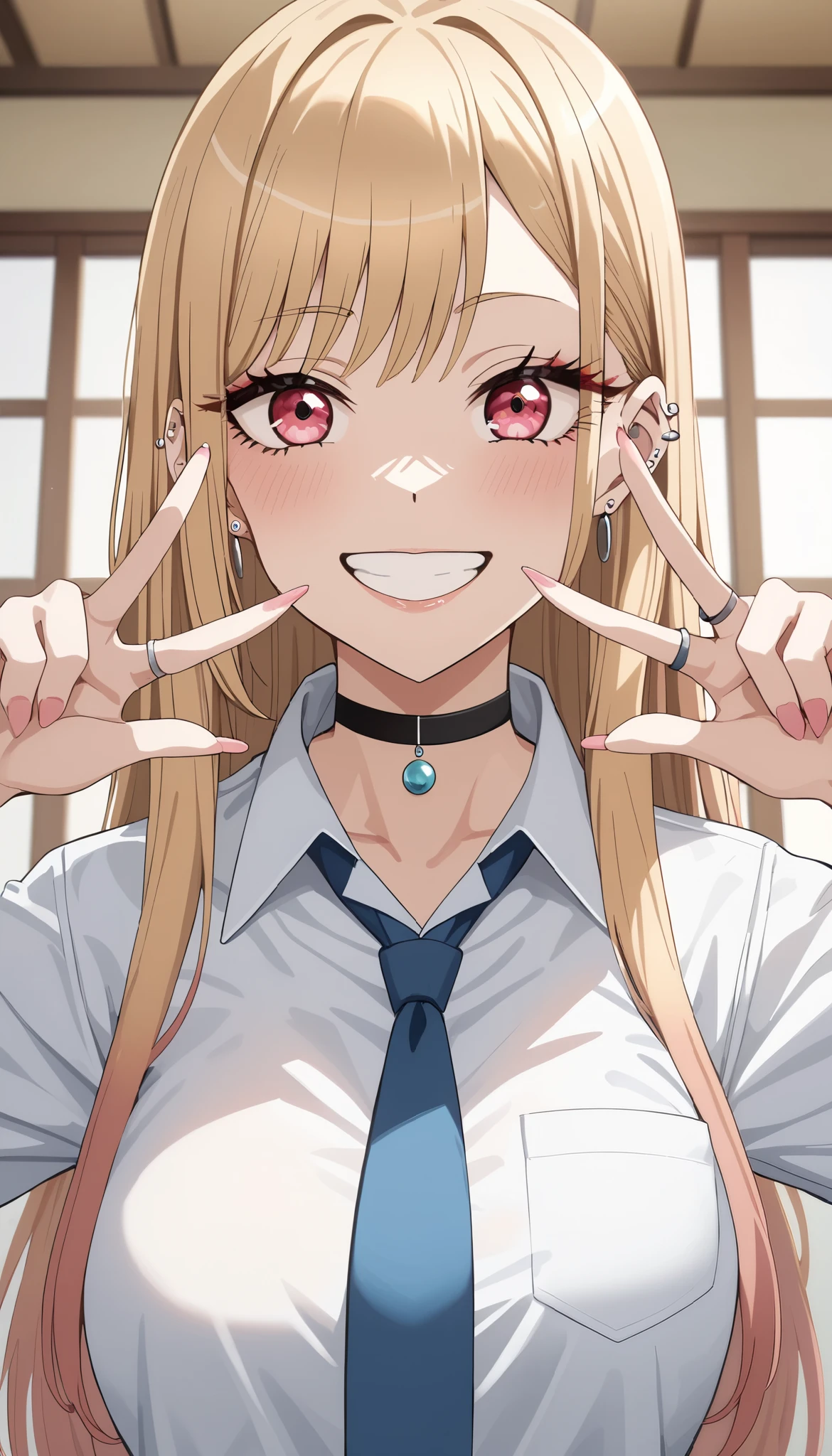 score_9, score_8_up, score_7_up, score_6_up, source_anime, rating_explicit, masterpiece, best quality, amazing quality, 1girl, solo, marin kitagawa, sono bisque doll wa koi wo suru, blonde hair, red eyes, ear piercing, barbell piercing, black choker, collared shirt, white shirt, earrings, blue necktie, grin, v, beautiful eyes, looking at viewer, smile, close mouth, double V gesture