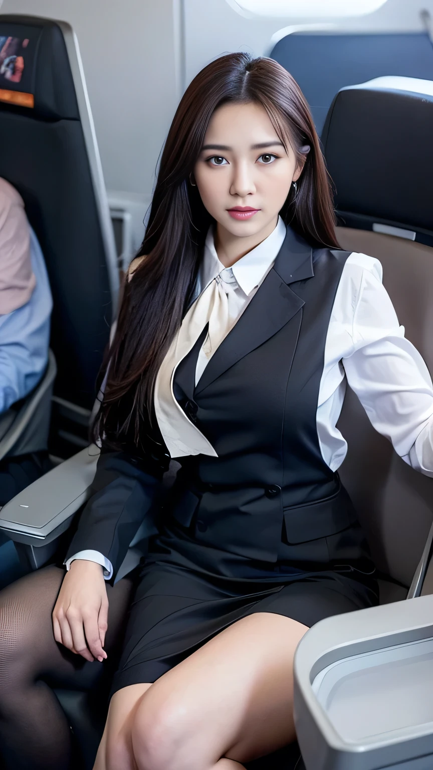 8K, masterpiece, raw photo, best quality, realistic, 매우 상세한 CG가 8K를 통합합니다., 8K, Diamond, and wallpaper, depth of field, cinematic light, lens flare, ray tracing, (very beautiful face, beautiful lips, beautiful eyes), A face with intricate details, ((highly detailed skin)) 1 girl, in the dark, deep shadow, pretty korean girl, kpop idol, Photo of a y woman sitting in an airplane seat，wearing white flight attendant uniform，Skirt that hugs the but주 날씬하고 slim 근육질의 몸매:1.3), （flesh colored pantyhose：1ight and tight flight attendant uniform，medium chest，wide hips，dried up，red lip，black eyes，（scary：0.9），cross legs，（Textured fabrics：0.9），looking at viewer， (pale skin), (big eyes),（smile：0.8），seduce the ca，（metal fabric：0.5），very complicated，（In reality，original language：1.5）， Side slit， （hazy：0.9）， detail of face， poor quality photos， high contrast， inside the airplane， slim， bow-shaped， （rebellion：0.4）