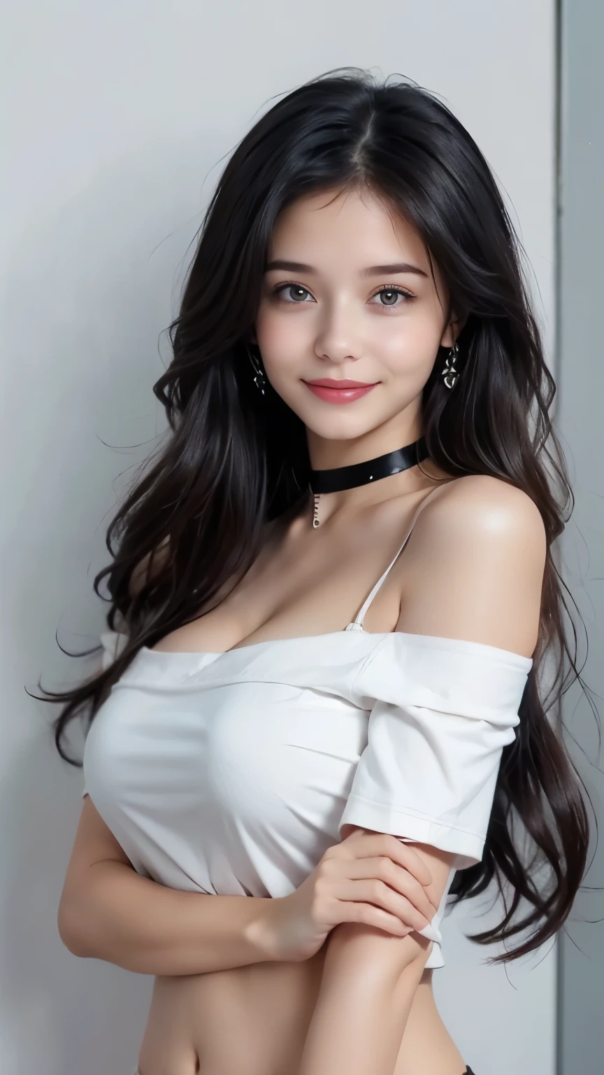 Beautiful Woman, Very , Looking straight at the camera, big breasts looking directly at the camera, sexy expression, chest between arms to make cleavage, Close chest, coquettish smile, happy smiling, Smile, Glossy skin, Big Eyes, highlights in the pupils, Clear eyes, clear double eyelids, eyeslashes, long neck, beautiful short hair, glossy dark black hair, bangss, pure white background, empty background, white color shirt, White Off-Shoulder, shoulder strap, Choker, ears out, arm out, Clothes close to naked body, beautiful belly button