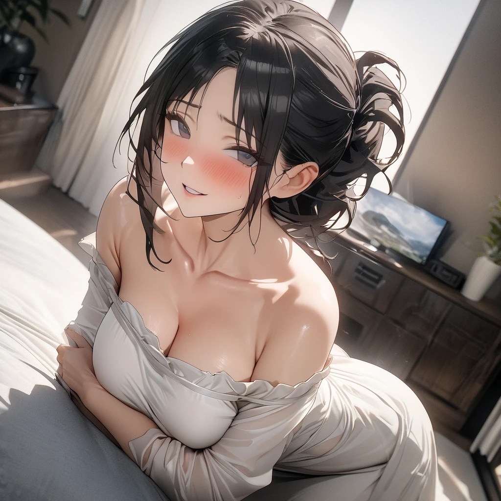 Realistic and high-resolution image of a girl in a white tank top, showcasing large breasts and a radiant smile with red lips. The finely detailed ponytail cascades down her back, adding to the realistic and immersive 4K, UHD experience.