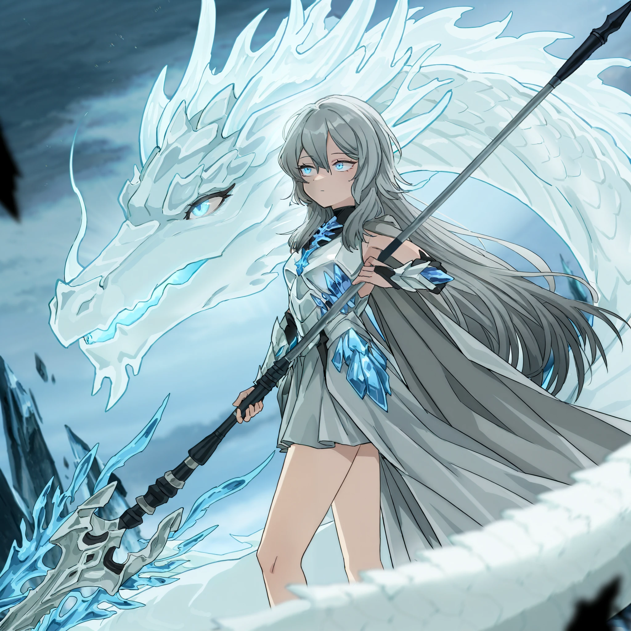 from side, by [arknights|(748cmstyle:0.5)], mature, young adult, masterpiece, best quality, amazing quality, very aesthetic, high resolution, ultra-detailed, absurdres, newest, scenery,
1girl, woman, solo, alone, single character, Bella, Bel_Stigmata,glowing eyes, blue eyes, gray hair, grey hair, hair between eyes, long hair, greco-roman clothes, ancient greek clothes, Dragon wings, (Blue Eyes White Dragon:1.7), armor, white armor, ice magic, ice and thunder, light trails, dragonborn, draconic armor, scale armor, short skirt cape, (dragon spear, long lance:1.33), energy tunnel, crystal energy, (crystal armor:1.33), archangel, dragon archangel, seraphim, tsurime, focus, battle trance, warrior, Limbus_Chibi_Artstyle, chibi,
BREAK, depth of field, volumetric lighting
 