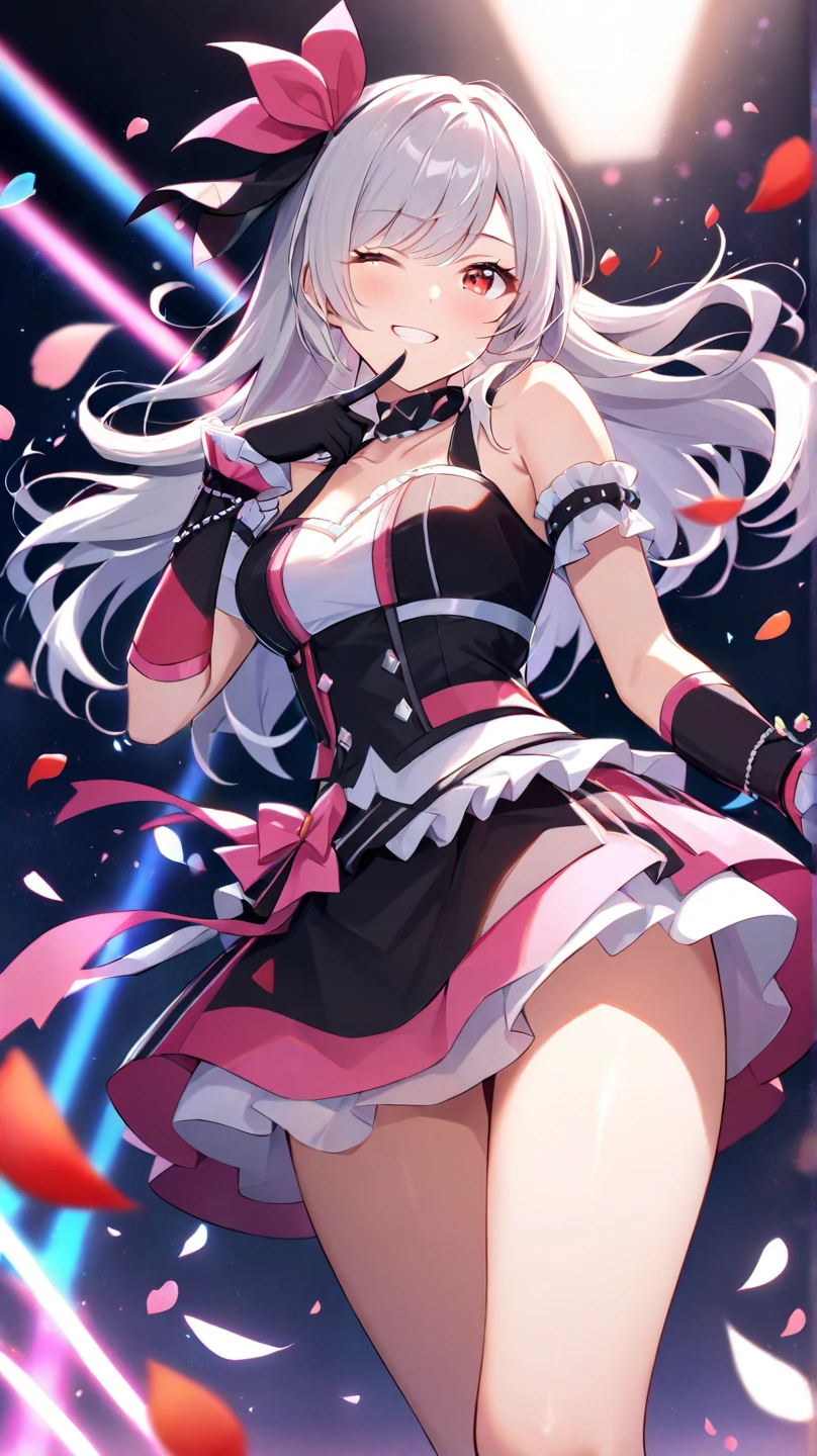 ((on the table)), ((highest qualight upy)), ((Anime avatar style)), ((HD 4k |)), ((female characters)), ((high school girl)), (( Beautiful body)) , girl, miss's face, happy, Smile, open mouth, , Well groomed lips, ((tanned skin)), brown blue eyes)), eyelid, student, sclera, iris, eyebrow , eyelash, ear, nose,unbutton shirt, ((With long silver hair)), ((glow effect)), Long-sleeved shirt, On a shirt, school black jacket, long skirt, tights, shoe school, ((The effect of light on clothing)), ((Effects of light on the body)), head, Shoulder, (thin waist), ((perfect stomach)), missile, ((Thick legs)), ((big thighs)), background story, ((in school)), environmental details, surrounding objects, ((light up)), big and plump breasts,You can even see it on clothes