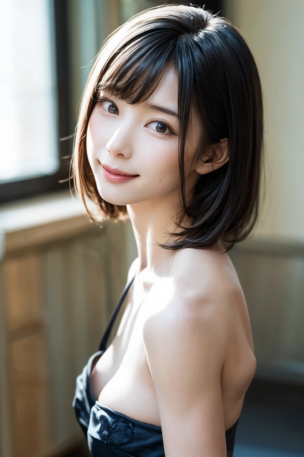 Masterpiece, high quality, high resolution, 8K, A skinny Japanese wife, 40 years old, cute face, detailed face, detailed eyes, short hair, ((very small breasts)), thin waist, a photo captured a sexy moment of conjugal life, 