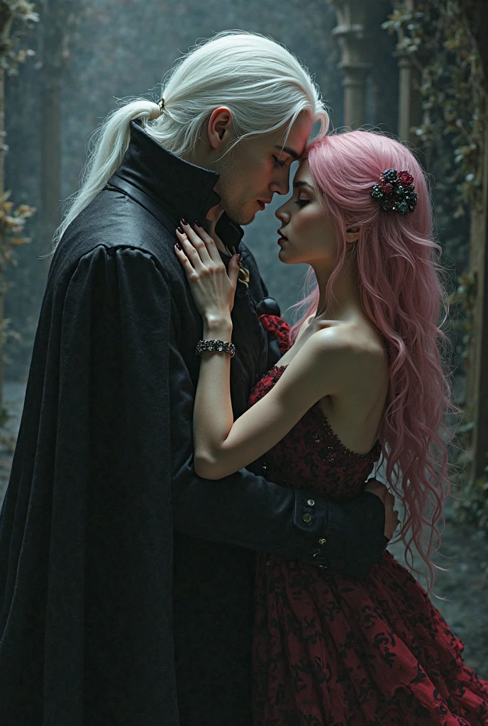 a hot boy, with black hair and red eyes dancing with a cute girl who has a white hair and blue eyes and wearing a red dress