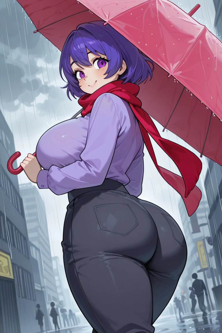 source_anime, best quality, clear face, tootie from the fairly oddparents, Black hair with ponytail hairstyle, blue eyes, Purple glasses, short hair, twin tails, large breasts, perfect body, looking at viewer, smile, the fairly oddparents costume, White school uniform T-shirt, black Mini school skirt, cameltoe, in the city at night, stanyin, dynamic angle, from behind view, big ass ,seductive anime girl, sfw version.