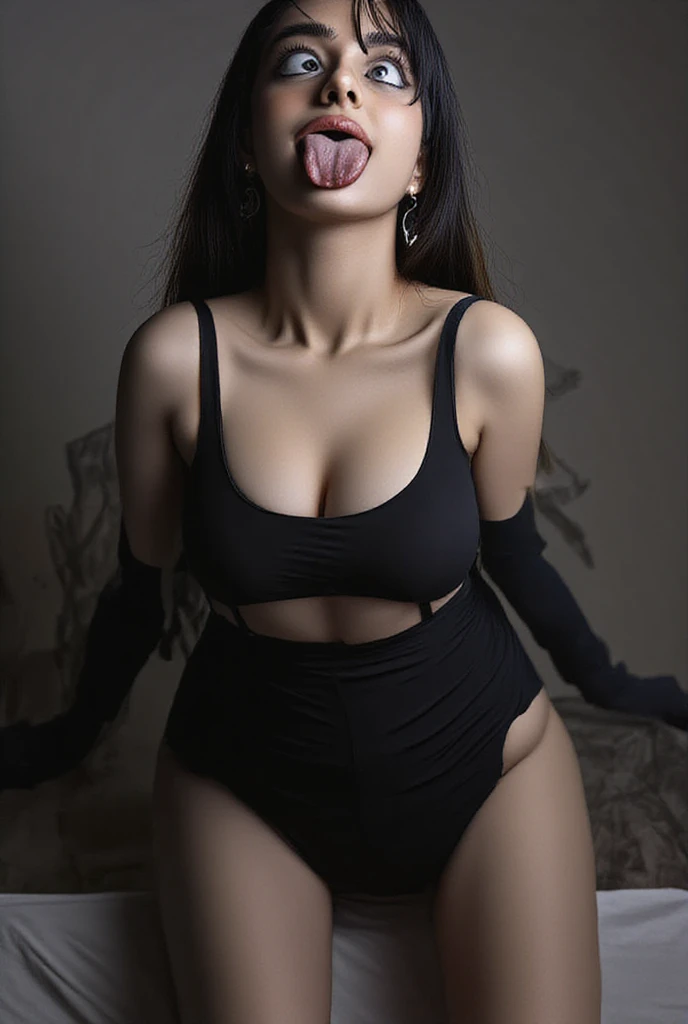 (Close-up, An editorial photo of a ((27-year-old woman)), (Highly detailed face:1.4) (Smile:0.7) (background inside dark, Moody, Private study:1.3) angle of view, by Lee Jeffries, Nikon D850, film stock photograph ,4 Kodak Portra 400 ,Camera f1.6 shots ,Rich colors ,Ultra photo realsisim , ( wearing red t shirt), ((hot ass)), half body-shot, Lifelike texture, Dramatic lighting , cine still 800, (hot cleavage, ( wearing black (sleep dress), (hot figure), ((swety body:0.9)), ((sweaty body)), (blue tone lighting effect), full-body potraits, sexy ass:0.9, ((shiny lips:0.9)), ((Chubby check)), ((sweaty body)) attractive eyes, highly detailed eyes, big boobs, qbeautiful detailed eyes, accurate shiny iris depiction, water-based humor shine, ultra-detailed eyelashes, Iris with a very slightly black rim, Ultra-detailed lips, precisely drawn lip wrinkles, beautiful shiny lips, (shiny skin due to sweat: 0.3), Black glossy rubber bodysuit, big breasts,