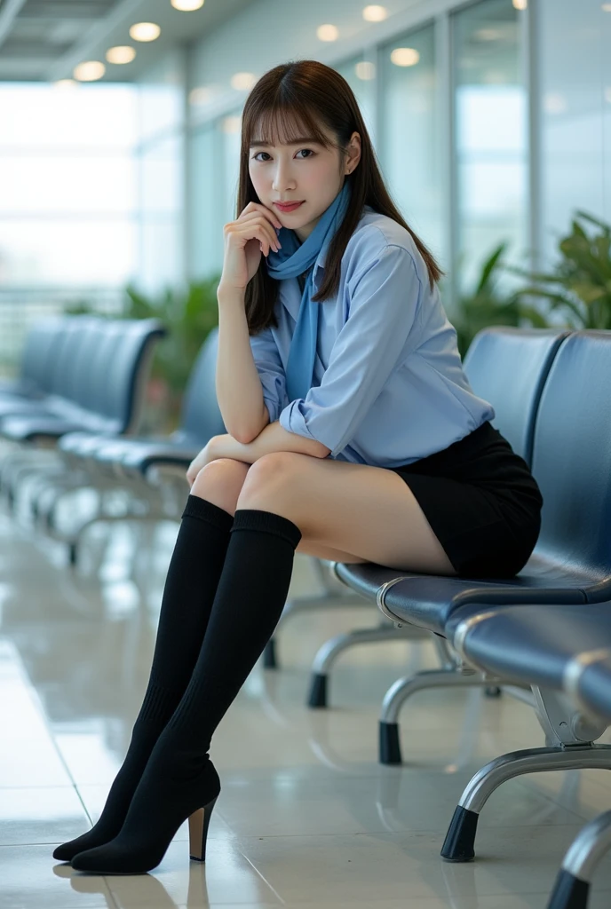 Charmな顔,Charmな顔,beautiful face,(Putting on makeup:1.1),Putting on makeup,beautiful human face,18-year-old,((Round ass)),delicate, beautiful, delicate eyes,Erect nipples,The eyes are deep and bright,The eyes are deep and bright,若くてbeautiful,若くてbeautiful,巨乳 beautiful,巨乳 beautiful,Charm,Charm,Charm,,顔がdelicateで可愛い,顔がdelicateで可愛い,Move,(23 year old:1.3),(Flight Attendant Uniform, Black clothes:1.25, Transparent white shirt:1.2, Black tie:1.2, Silver Square Stud Earrings:1.2, Medium ruffled skirt:1.3, Transparent black stockings cover her legs:1.35, White stiletto heels:1.2), beautiful scenery in space, fly in the sky, sky, Aircraft cabin, Ultra-Realistic Backgrounds:1.2,Full body photo:1.2, look at me head-on,(stop,Crossing your legs:1.922), Super white skin, Casual Hairstyles,Brunette color hair,Sexy lips,Huge ,Breasts are pressed together,Hyper HD,high quality,masterpiece,smile,beautiful slender legs,ユニークでdelicateな指,