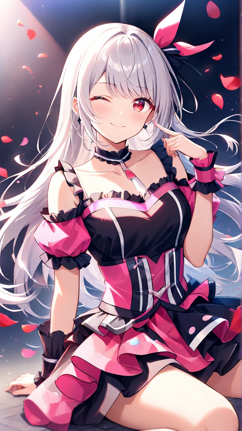 Silver hair, pink eyes, body, cat ears, woman, earrings, fantasy background, casual clothes, hair bows, happy face, pink clothes
