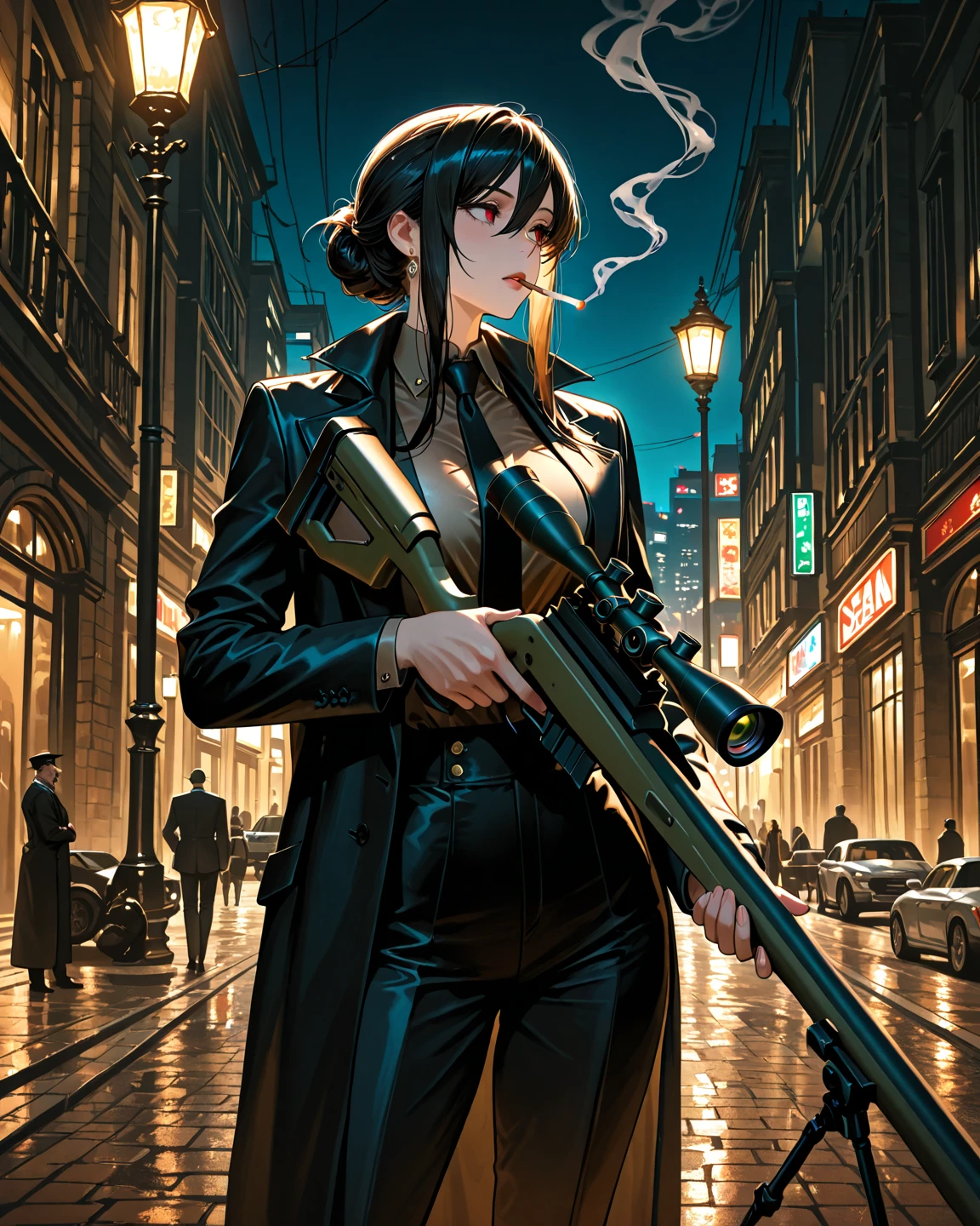 A female character in Tsukasa Hojo style, wearing a black leather jacket, a black mini skirt, and black thigh-high boots. Her hair is pulled back in a tight bun, and she has a cold, hard stare. She is holding a gun in one hand and a cigarette in the other. 