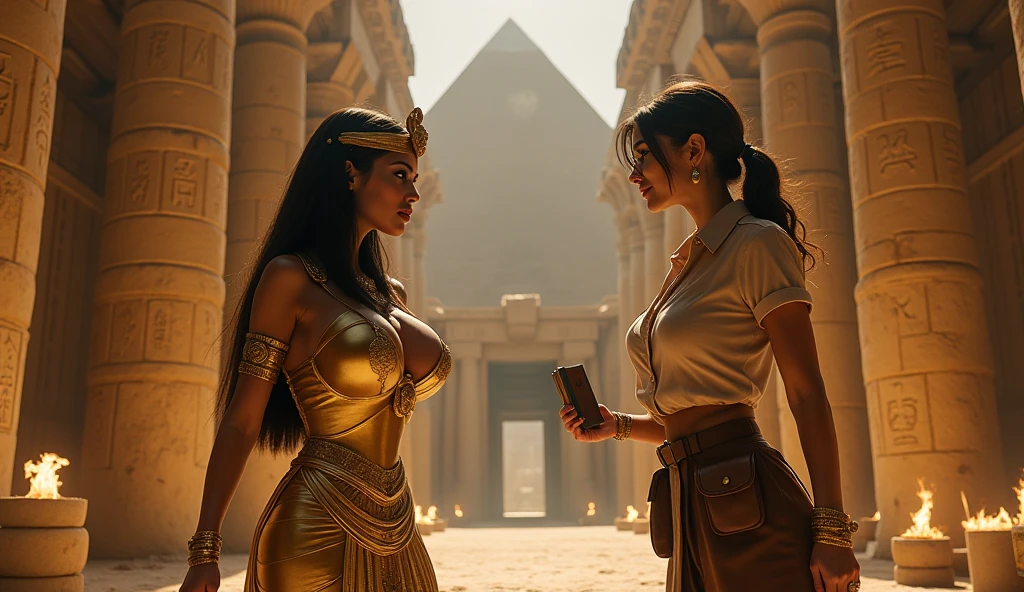 Beautiful girl, , Cleopatra, queen of Egypt, ancient Egypt outfit,, kneeling, cameltoe ,back view, 2 women