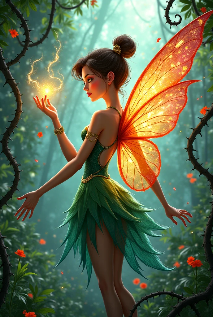Prismatic coloration. Jungle like environment.  A Short young fairy like Plant woman with a Deep purple skin tone lit up with heavy miniscule starlike freckles & a set of B-cup breasts, bearing curvaceous hips, Slender Legs, & a round plump ass. She has short leaf green curly hair stopping at the top of her neck with various flowers growing within. She is wearing leaf based bikini armor exposing much of her chest area & an otherworldly Golden Tiara adorning her head. She has a serious face & a stern gaze in her sharp Starlike Golden Glowing eyes with black sclera & a heavy freckled form. She has long sharp Crystalline deer like antlers radiating Floral energy & a set of elegant deer like ears. She has long Ruby red vine like tattoos running all around her body accompanied by Crimson Star-like Tattoos running along them. She has a small cute deer like nose. She has large Crystal Golden Fairy-like wings with a starlike pattern. She is seen in a battle stance summoning verdant green Stardust magic from her fingertips. Lastly she has a bushy, wolf like tail
