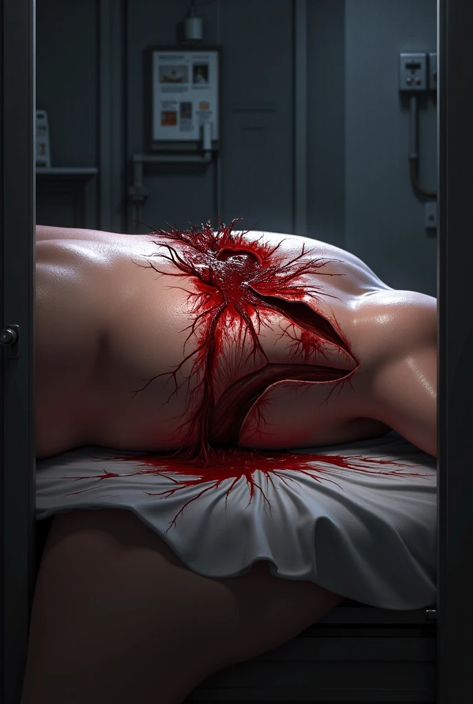 A close-up photograph of a hand with severe, ragged wounds, capturing the aftermath of a traumatic incident. The hand is covered in deep lacerations, blood seeping from the torn flesh. The lighting is harsh, casting dramatic shadows and highlighting the grisly details of the injuries. This image conveys a sense of urgency and the immediate aftermath of a catastrophic event.