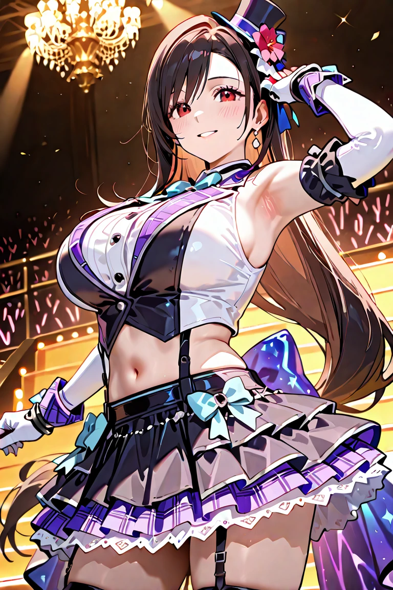 (best quality), (very aesthetic), (ultra-detailed), (best (best quality), (very aesthetic), (ultra-detailed), (best illustration),
(((one women))),(((black hair))),(((long hair))),(((high ponytail))),(forehead),(((blue eyes))),(((beautiful face))),(((huge breasts:1.0))),
BREAK,(((magical girl purple outfit,frill mini skirt)))
BREAK,(((seductive smile))),
BREAK,(((model posing))),(arm,behind back),
BREAK,(((On the stage at a music festival))),
BREAK, (((Angle from below)))