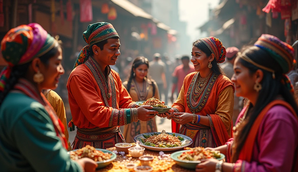 Will please create a photo a Nepali legends hero Rajesh hamal and Bhubann kc wearing daura sural Dhaka topi and eating donut with matka chiya with beautiful  boudha stupa background 