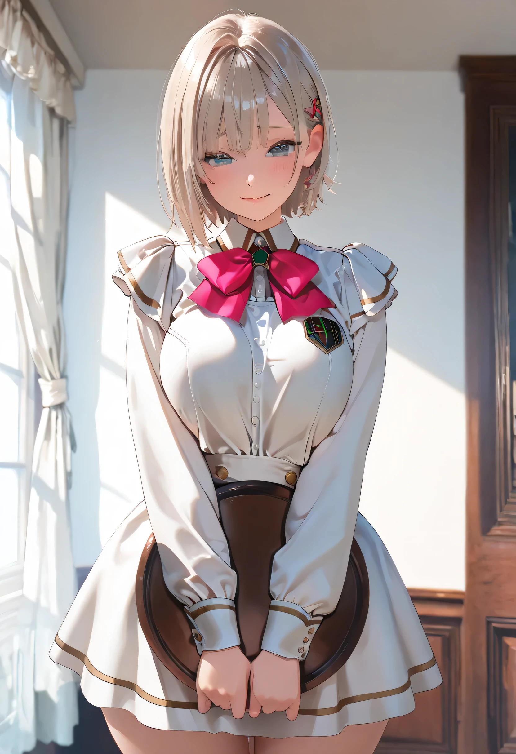(Masterpiece, best quality , more details, 8k, 4K, hi res, ridiculous :1.3), ( Detailed Textured Lighting , detail surface lighting for viewers ), [ pastel color ] [ Calm Colors ] [ Anime Screen Cap ] [ photorealistic] A 3D character model,perfect proportions, beautiful body,large breasts,wide hips,lightblue eyes,short hair,ash blonde,(naughty look,shy face),/((Anna Miller's uniform)), pink uniform,,tray,