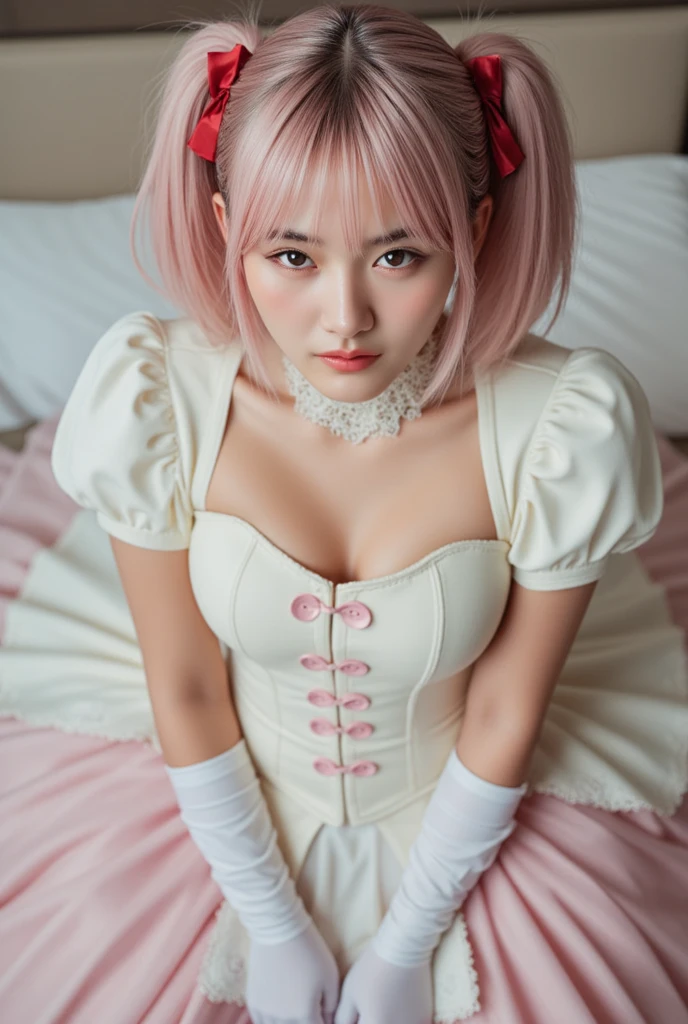 Little Woman, ((female (young and innocent))), ((pink hair (short))), ((brown eyes (large, expressive))), ((slender, delicate (body))), ((white maid dress with a pink apron (always seen wearing))), specializes in kindness and compassion, offering unwavering support and a gentle touch to everyone, ((fantasy world)), ((maid))