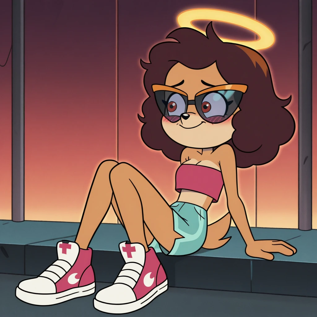 score_9, score_8_up, solo, mobian, hedgehog, two-tone fur ((orange fur, brown fur)), pyjama elastic shorts, strapless crop top, cleavage, high-top sneakers, two-tone hair (brown hair, black tip)), curly hair, halo, sunglasses, jewelry, red eyes, longeyelashes, red eyes, smile, shy, blush