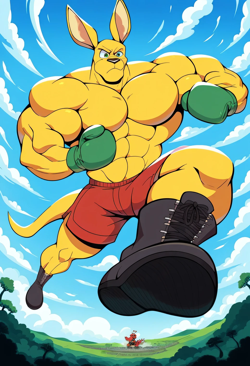 a giant muscles boxing kangaroo, yellow skin, green boxing gloves, red shorts, bigger cartoon eyes, big ears, big feets, black boots, muscular body, full body, macro size, giant size, 50 foot size, hypercartoon, 8K, intricate details, photocartoon, studio lighting, dynamic action pose, muscular build, powerful expression, dramatic lighting, lush jungle background, blue day sky background, dynamic motion blur, cinematic composition, saturaded color palette.