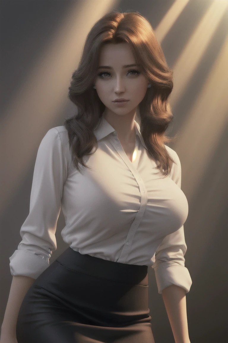 beautiful 21 years old, head in view, overhead view, tucked-in long blouse, long cardigan, Alison Brie, secretary, (hair:1.4), (long hair:1.4), (colossal massive huge breasts:1.4), office, desks, computer, (tall:1.4), [hips:1.4], dark slacks, short glasses, shortcardigan