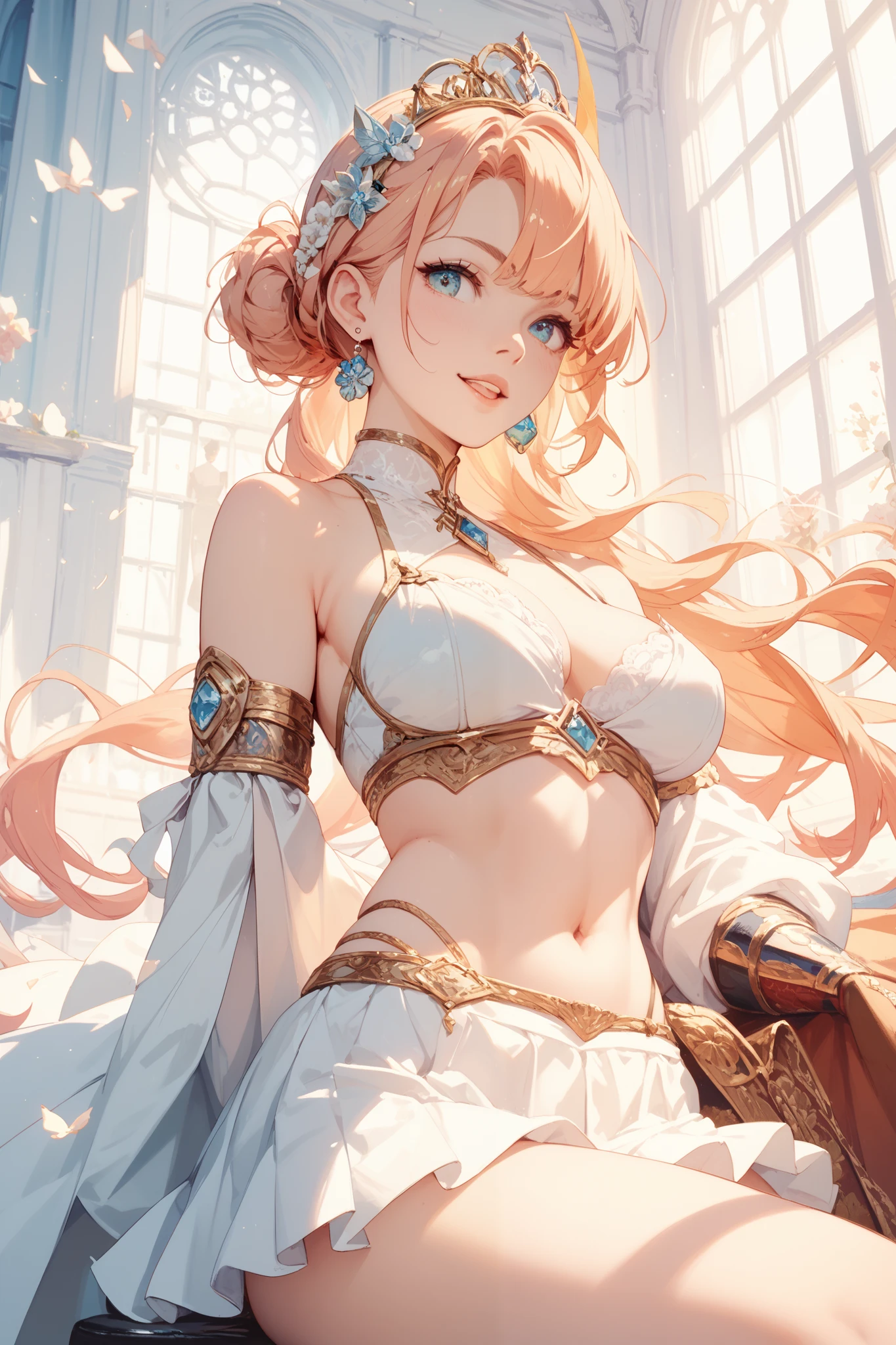 One girl, High resolution, Gaze, Earrings, Pink eyes, 最high quality, High-resolution model, high quality, chest, Character profile, anime, Character Design, Long Hair, bangs, Blonde, indoor、indoor、Arched back、Put your hands on your hips、