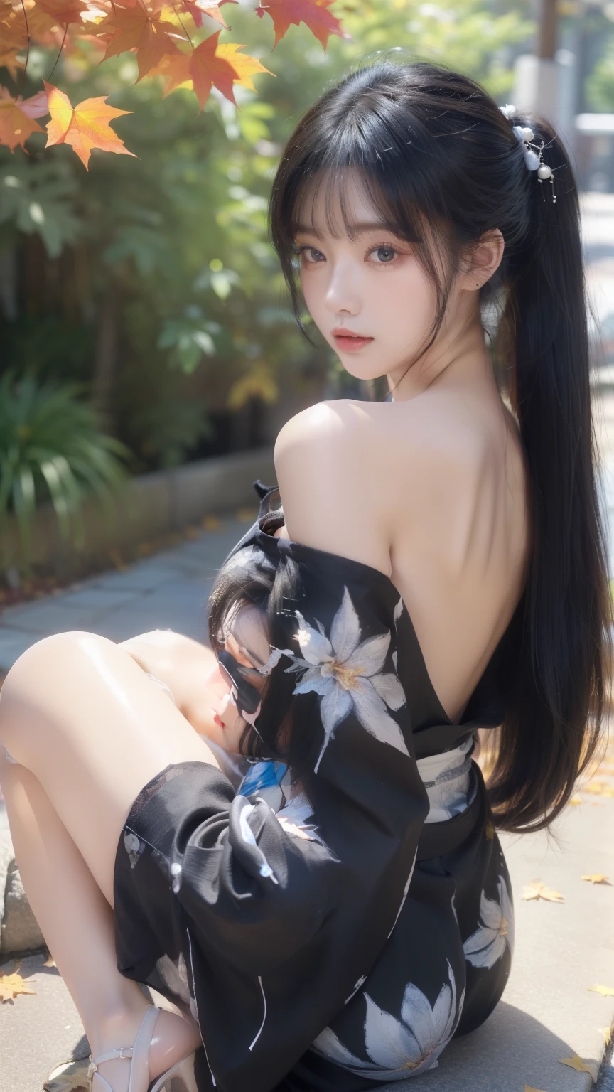 ((Autumn leaves lined street))((dusk)),((A woman walking surrounded by red maples)),(Rear view)、(look back)、(Lip Nail)、(Nail)、Gemstones Refract bright light、(Healthy Skin、Thin Skin、Attractive look、double eyelid、Jelly Lip、Glowing Lips 、Small Mouth、Small upturned lips、((Perfect skin texture))、Fine skin texture、(pearl、Emerald、Wearing Amber)、(Dynamic hair、High Hair) ponytailヘアスタイル、Beaded Hairpin、Layered Hair、Wet Hair、Loose Hair、Wet Movie Lighting、((Masterpiece)),((Best Quality)),((Intricate and detailed)),((Ultra-realistic)), 4K,1 Beauty、、ponytail、((Off-the-shoulder ultra-thin yukata))、(Cleavage coordination),Fluorescent color、1 Girl、Look to the side、Beautiful Face、Beautiful Eyes、(From the shoulders down:1。 2)、Shiny Hair、Glowing Skin、Reduce glare、Finger Proportion Adjustment、Escrow、Ass POV、Dynamic Angle、((Master Parts))、((Best Quality))、(((Super detailed)、(Illustration)、(Detailed light)、(Very delicate and beautiful)、(Dramatic Shadows)、(Ray tracing)、(reflection)、(Ultra HD)、((Super detailed))。 Ultra-high resolution、((Colorful black hair mesh girl))、Her hair flutters in the wind、(Big deep blue eyes)、Black-haired woman、Sparkling Butterfly、Black-haired woman。 Black-haired woman、Dots of light around the woman、Magical Aura、Green dot、The nature of the aura、Magical AuraBlack-haired woman、((The hem of the yukata is fluttering in the wind))、(Long legs)、(High heels)、Raise your arms、Underarm、Sleeveless,(手を上げてRaise your arms)、((Autumn leaves are falling)),(White floral panties are visible),(She's wet),