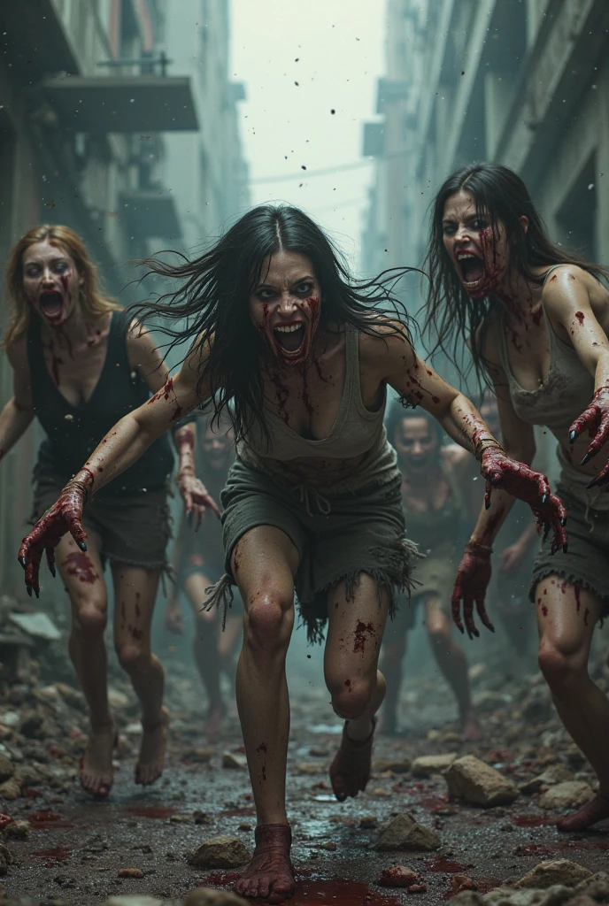 "Image of the zombie outbreak in Chiang Mai, Zombies walk along the pedestrian street, Escaping zombies, The atmosphere is gloomy.,There is a teenage girl with long black hair running to try to escape the zombies, action movie style."