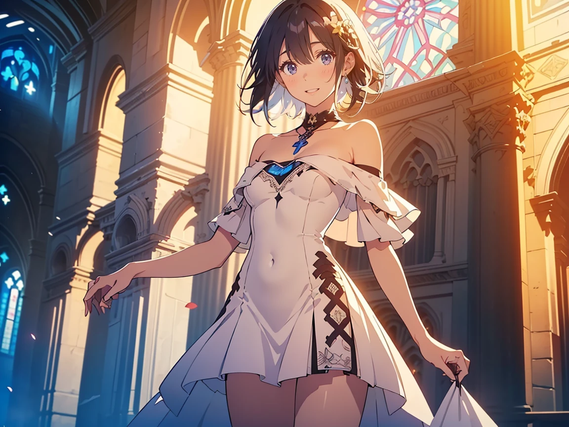 A girl，short hair, Bangs, White hair, Hair between the eyes, (Blue Eyes:1.5),  (Large Breasts:1.2), 
rest clavicle, Wedding dress，veil，wedding，White dress，Flowers，Broken skirt，White socks，Tights，White knee socks，
looking at viewer, whole body,
indoors, church，Standing，Standing，
rest (masterpiece:1.2), best quality, high resolution, Unity 8k Wallpaper, (illustration:0.8), (Beautiful and delicate eyes:1.6), Extremely detailed face, Perfect lighting, Extremely detailed CG, (Perfect hands, Perfect anatomical structure),