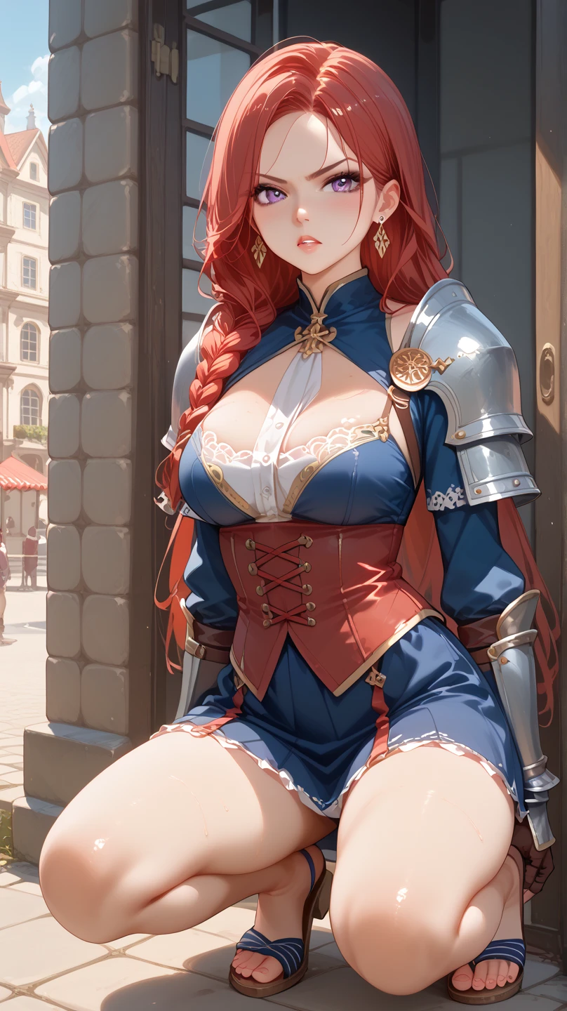 1girl, lisara restall, ((red hair:1.5)),
BREAK (armor, armored dress, chain, collar, dress, faulds, gauntlets, headpiece, metal collar, plackart, blue dress:1.2), BREAK front view, thighs, thigh focus, outdoors, lake, grass, sitting on ground, sitting, nature, autumn, fall(season), by the lake, feet in lake, sexy, pond,
BREAK ((anime girl)), best quality, expressive eyes, perfect face, (masterpiece), best quality, expressive eyes, perfect face, ((best quality)), ((ultra-detailed)), ((an extremely delicate and beautiful)), perfect eyes, perfect body, ((synmetry eyes)), beautiful eyes, ((thick thighs)), shiny skin, soft skin, ((synmetry body)), ((perfect body)),